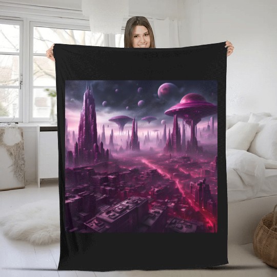 Sci-Fi Future World And Alien City in Neon Pink Fleece Blankets