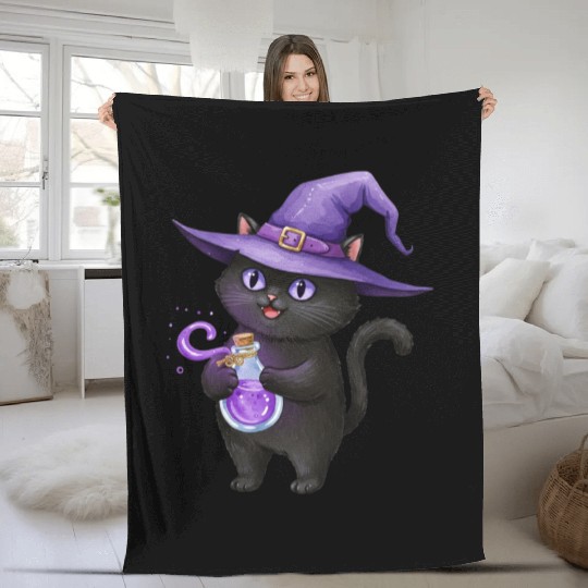 Enchanting Black Cat Witch Illustration Fleece Blankets