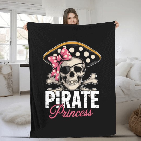 Pirate Princess Skull and Crossbones with Pink Bow Fleece Blankets