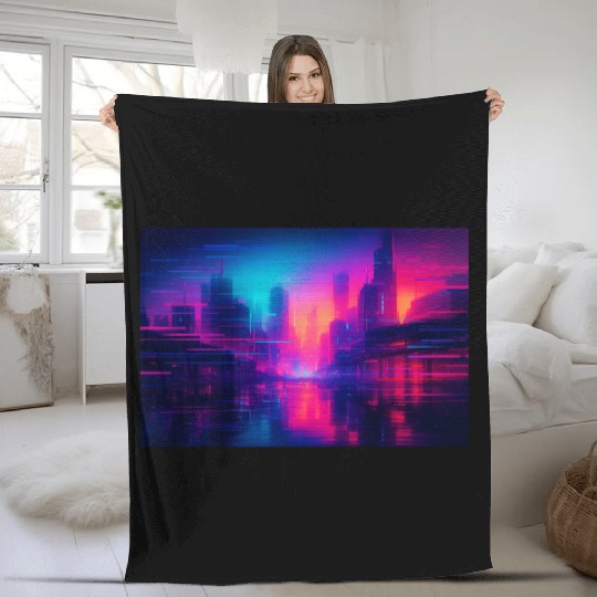 Cyberpunk Glitch Cityscape Art Fleece Blankets