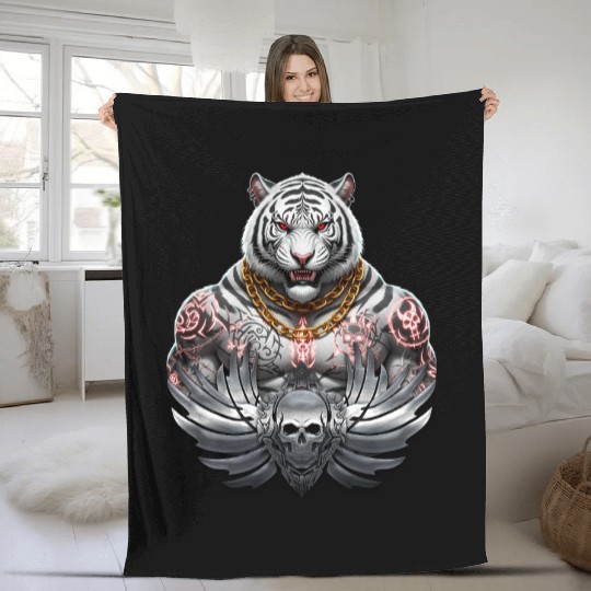 Fierce White King Tiger Tattoo  Fleece Blankets