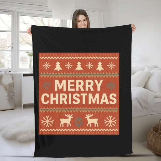 Festive Christmas Reindeer and Snowflakes Print Fleece Blankets