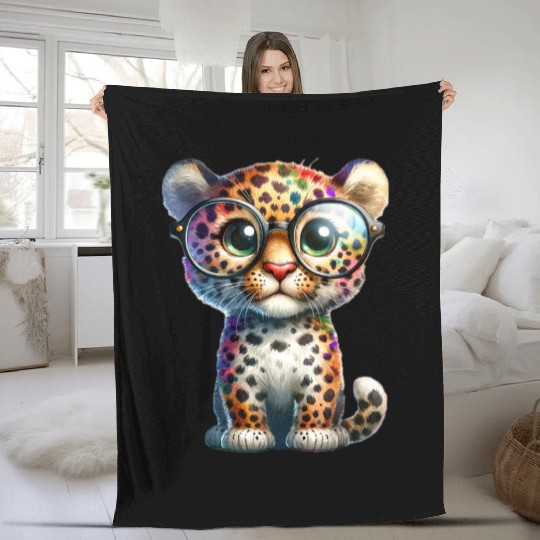 Colorful Leopard Cub with Glasses Fleece Blankets