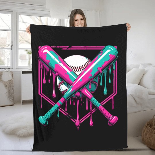 Neon Baseball Bat and Ball Art Fleece Blankets