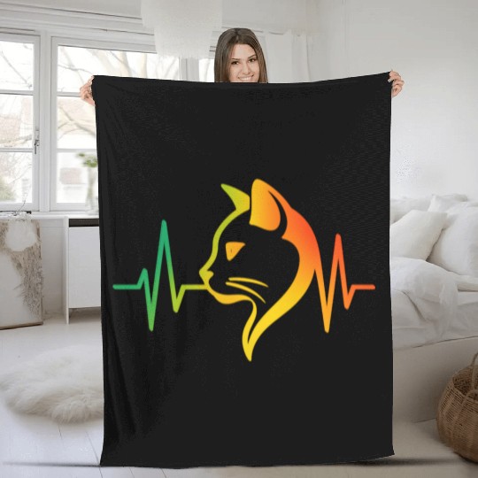 Cool Neon Cat with Glasses and Heartbeat Line Fleece Blankets