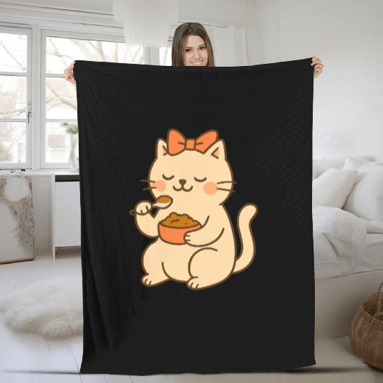 Cute Cat with Bow Eating SoupCute Kawaii Cat Eatin Fleece Blankets