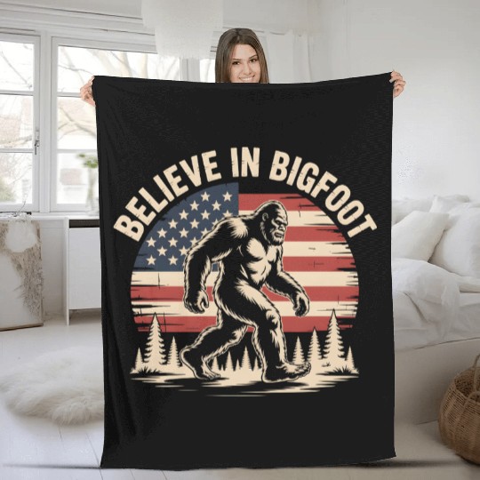 Believe in Bigfoot Patriotic Sasquatch Flag Design Fleece Blankets