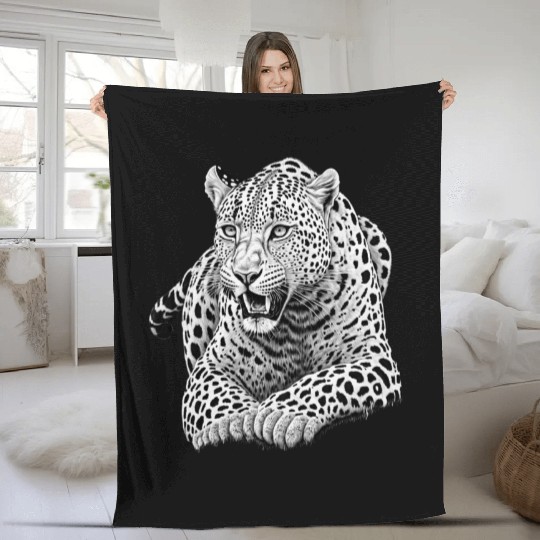 Striking Black and White Leopard Illustration Fleece Blankets