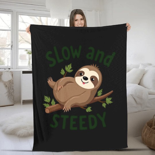 Lazy Sloth on Branch with Text Fleece Blankets