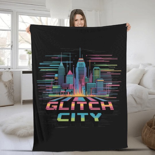 Neon Cyberpunk Cityscape Design Fleece Blankets