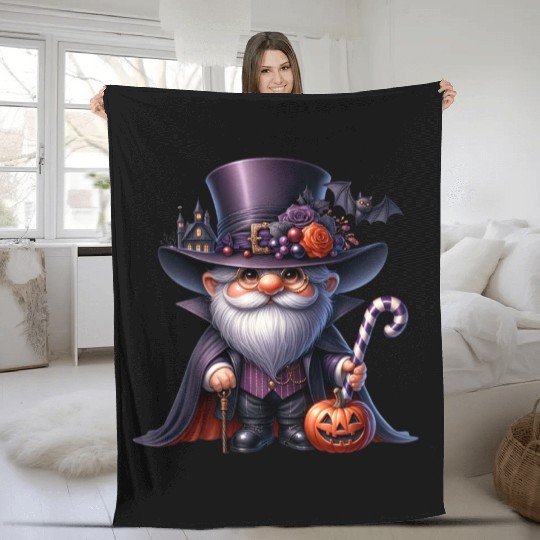 Elegant Halloween Gnome – Top Hat, Pumpkin & Candy Fleece Blankets