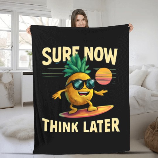 Retro Pineapple Surfing Rainbow Wave Fleece Blankets