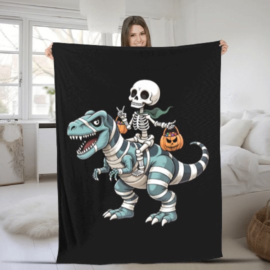 Skeleton Riding Mummy Dinosaur Funny Halloween Fleece Blankets