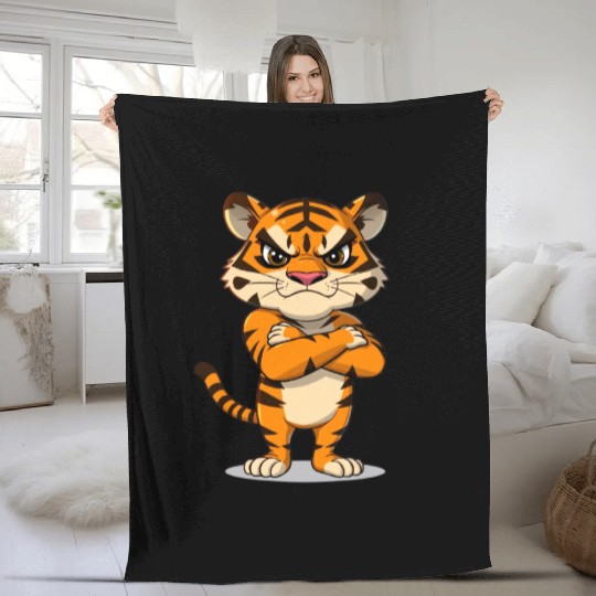 grumpy tiger cartoon animal illustration Fleece Blankets