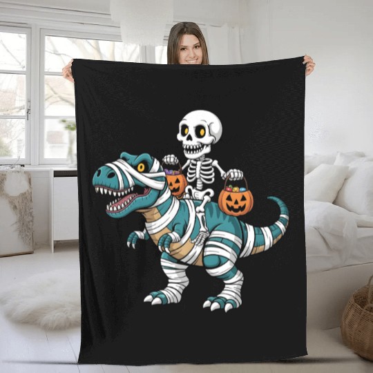 Skeleton Riding Mummy Dinosaur Funny Halloween Fleece Blankets