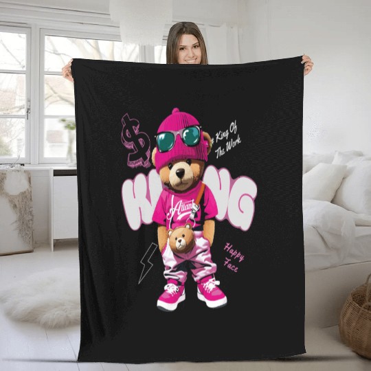 Trendy Teddy Bear Streetwear Design Fleece Blankets