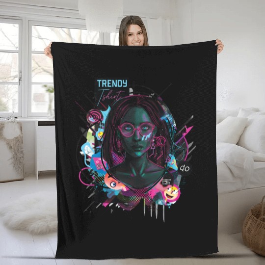 Neon Cyberpunk Female Digital Art Fleece Blankets