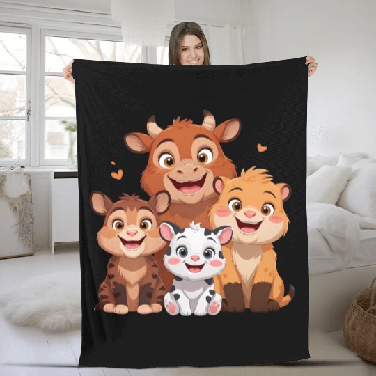 "Cute Farm Animal Friends – Cartoon Cow, Tiger, Li Fleece Blankets
