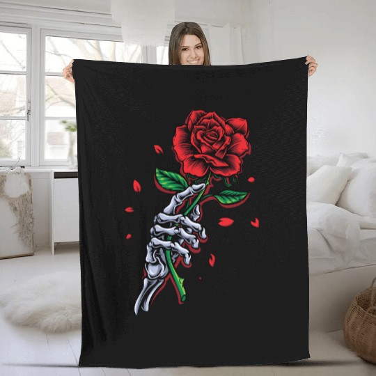 Skeleton Hand with Rose – Gothic Romance Art Fleece Blankets
