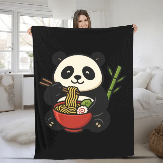 Cute Panda Eating Ramen Illustration Fleece Blankets