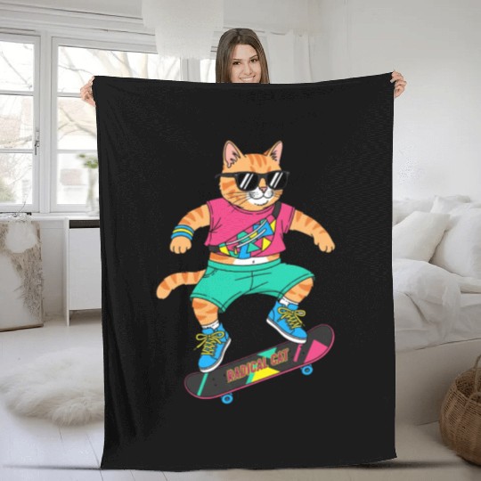 Radical Retro Skater Cat Fleece Blankets
