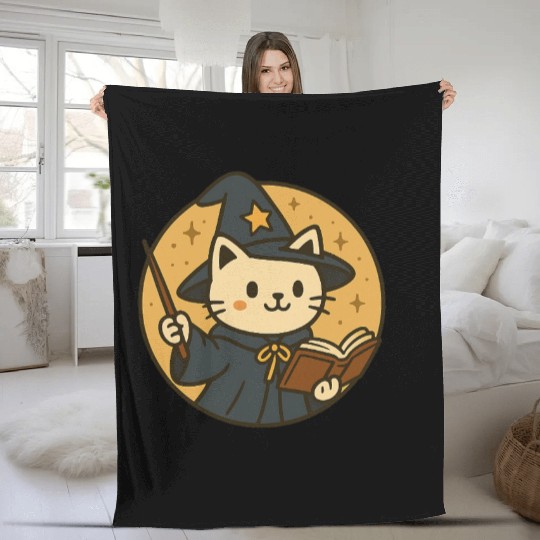 Whimsical Cat Wizard in Starry Night Fleece Blankets