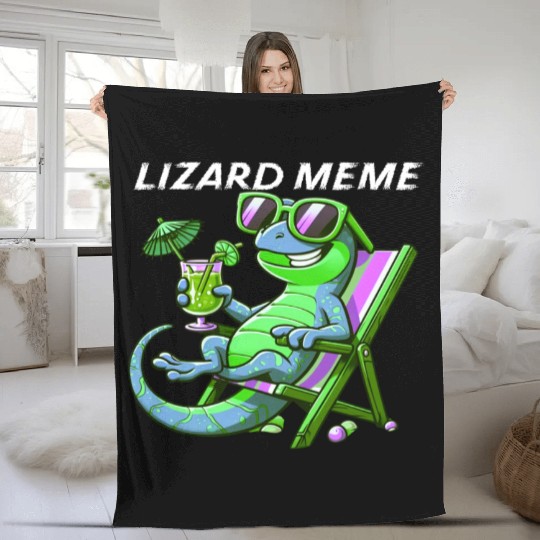 Lizard Meme Lounge Scene Fleece Blankets