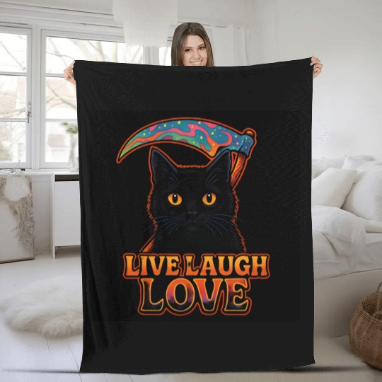 Black Cat Psychedelic Live Laugh Love Fleece Blankets