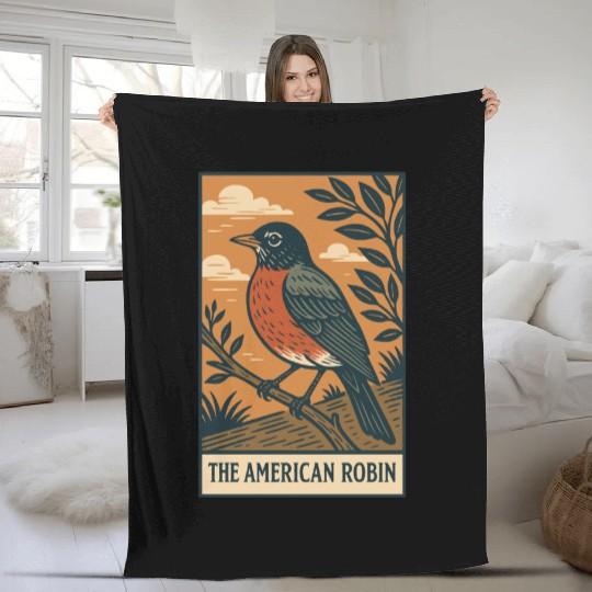 American Robin Nature Illustration Fleece Blankets