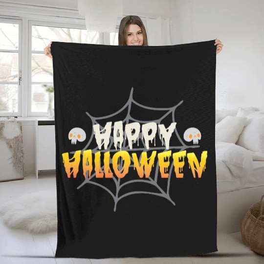 Happy Halloween with Spiderweb and Skulls Fleece Blankets