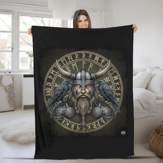 Viking Warrior with Ravens Embossed Helm Fleece Blankets
