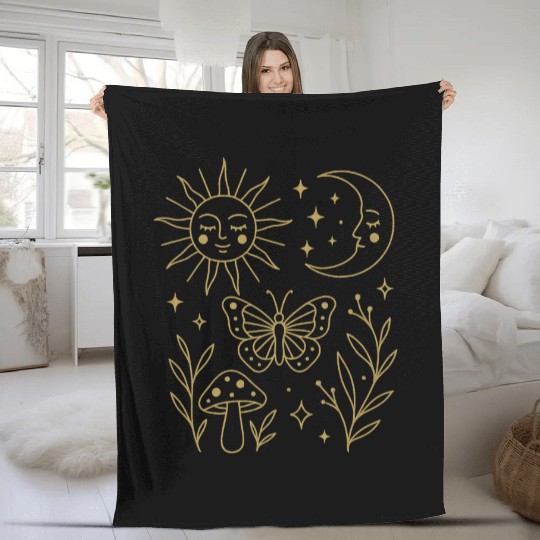 Ethereal Nature Moon and Sun Illustration Fleece Blankets