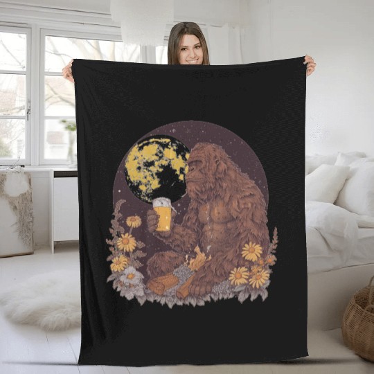 Bigfoot Drinking Beer by the Campfire Fleece Blankets