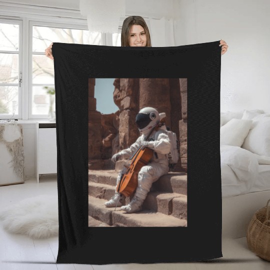 Astronaut Musician Sitting on Ancient Steps Fleece Blankets