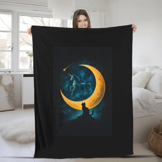 Magical Unicorn and Cat Night Scene Fleece Blankets