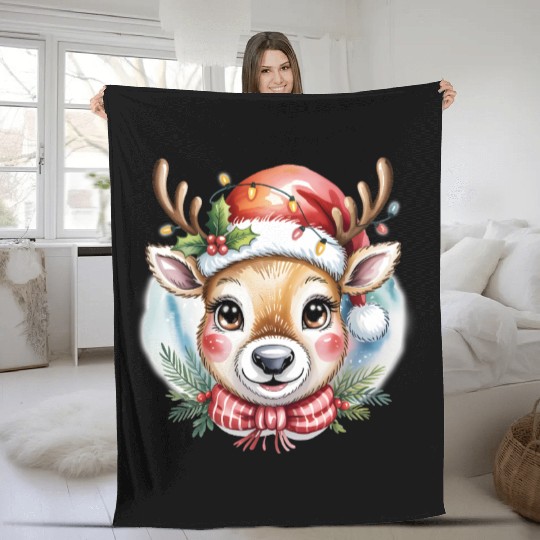 Cute Rudolph Reindeer Watercolor Christmas Art Fleece Blankets