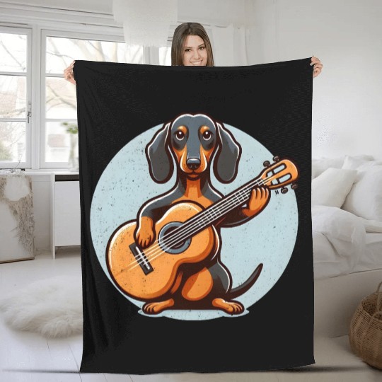 Dachshund Guitar Player Cartoon Fleece Blankets