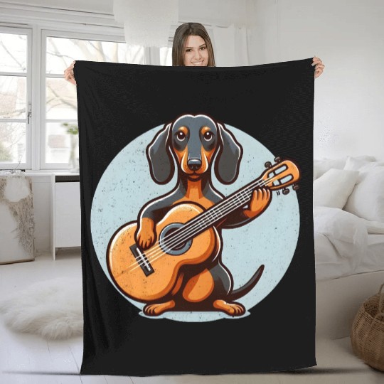 Dachshund Guitar Player Cartoon Fleece Blankets