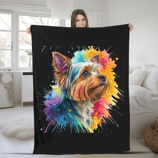 Vibrant Yorkie Watercolor Portrait Fleece Blankets