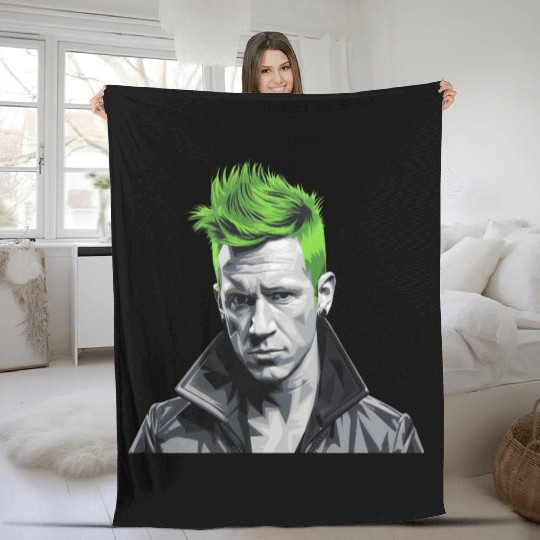 Vivid Green Hair Punk Portrait Fleece Blankets