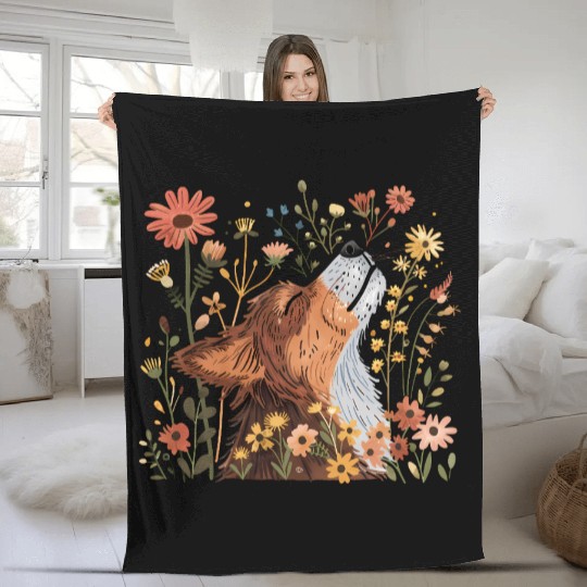 Serene Howling Wolf Amid Floral Bloom Fleece Blankets