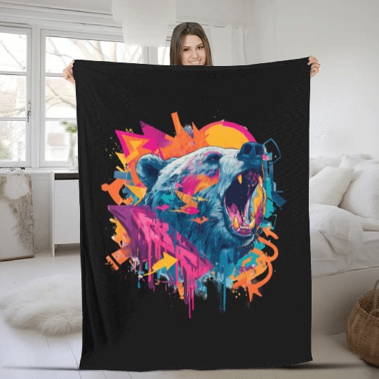 Vibrant Roaring Bear Graffiti Design Fleece Blankets