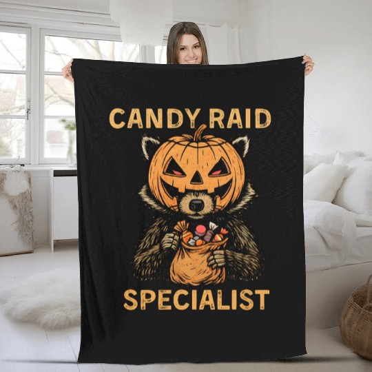 Candy Raid Specialist Halloween Raccoon Pumpkin Fleece Blankets