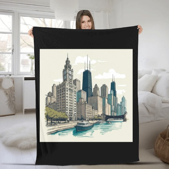 Chicago Skyline with Lake Michigan View Fleece Blankets