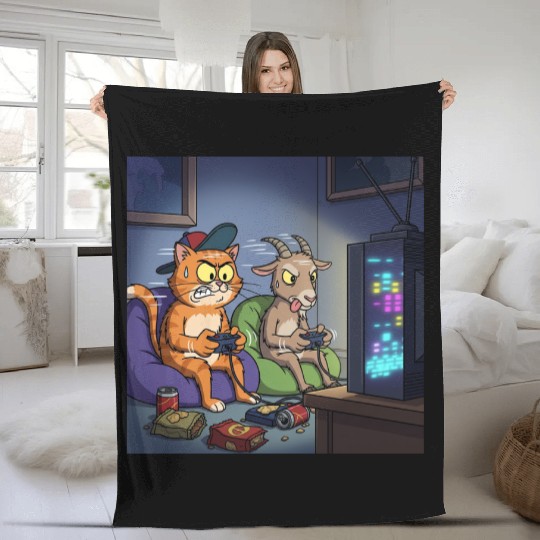Gaming Cat VS Goat Fleece Blankets