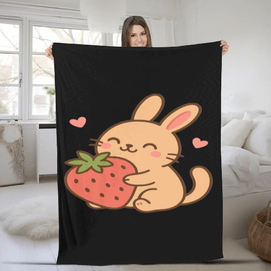 Cute Bunny Embracing Strawberry Design Fleece Blankets