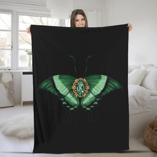 May Emerald Peacock Butterfly Gemstone Design Fleece Blankets