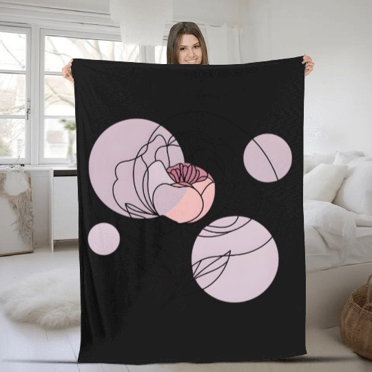Elegant Line Art Rose with Soft Pastel Circles Fleece Blankets