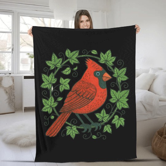 Vibrant Cardinal Amidst Ivy Leaves Fleece Blankets