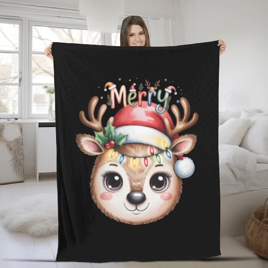 Rudolph Reindeer Watercolor Cozy Holiday Art Fleece Blankets